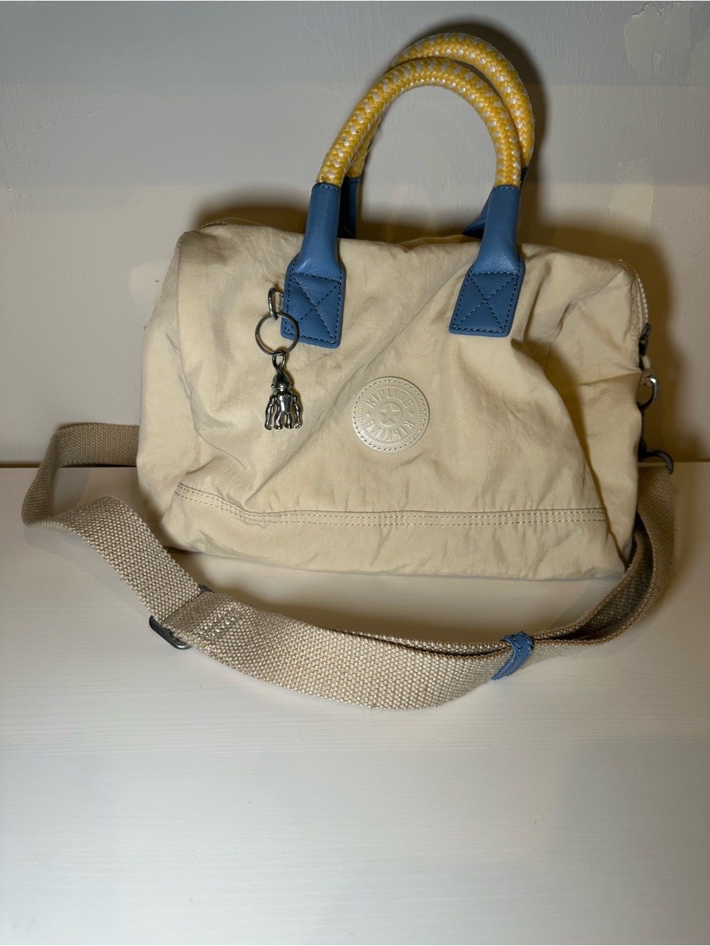 Kipling Cream Crossbody Bag Blue Trim Yellow Braided Handles Special Edition